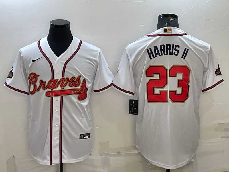 Men's Atlanta Braves #23 Michael Harris II White Gold World Series Champions Program Cool Base Stitched Baseball Jersey,We sell and wholesale Men's Atlanta Braves #23 Michael Harris II White Gold World Series Champions Program Cool Base Stitched Baseball Jersey on line form chian!